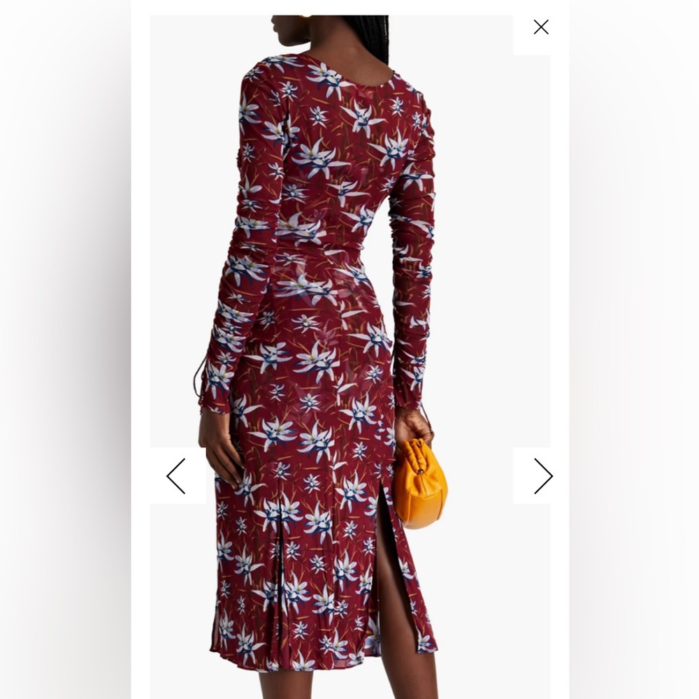 NEW DIANE VON FURSTENBERG corinne mesh ruched midi dress in harlow wine Large - Picture 5 of 11